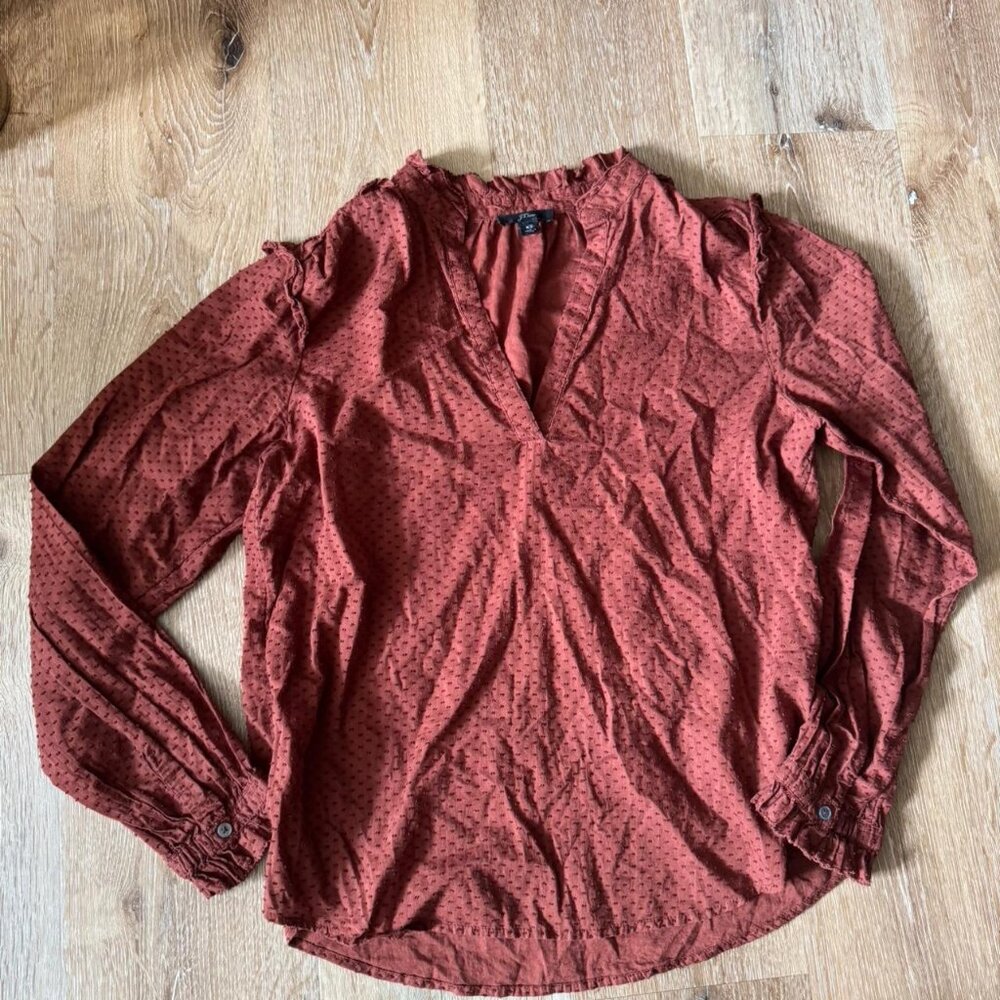 J.Crew Womens Rust Orange Top Ruffle-trim V-Neck Popover Clip Dot Size XS